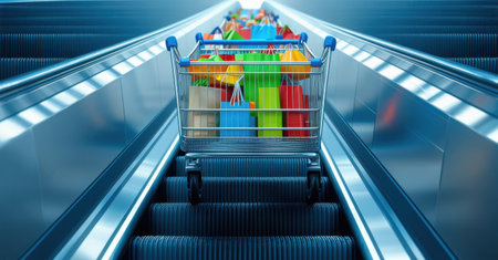 Shopping cart filled with colorful bags ascends an endless escalator, symbolizing never-ending consumerism, spending cycles, and the pursuit of material satisfactionの素材