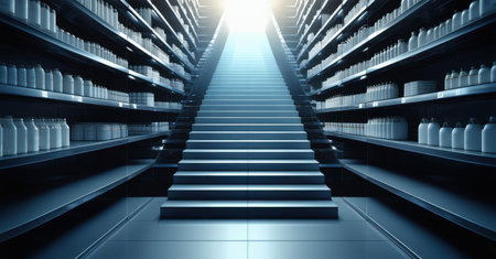 Store shelves forming giant maze with glowing exit sign at center, symbolizing consumer choices, endless shopping, retail complexity, purchasing decisions, economic navigationの素材