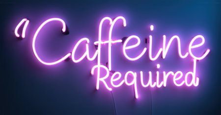 Neon words Caffeine Required casting a sleepy glow bright with high contrast, set against a dark background, creating a playful, energizing ambiance with a bold vibeの素材