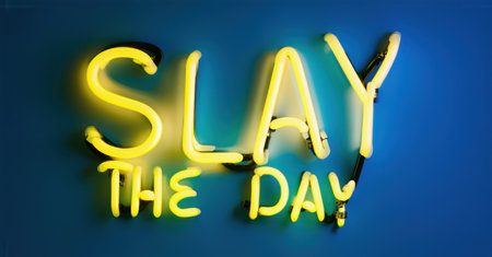 Bright neon words spelling Slay The Day glowing in energetic yellow mounted on smooth blue background radiating bold vibrant contrast creating motivational dynamic ambianceの素材