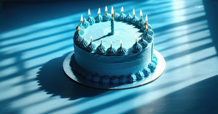A blue birthday cake with glowing candles, casting a shadow shaped like the cake itself, illuminated by moonlight, creating a dreamy and serene atmosphereの素材