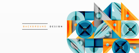 Geometric abstract composition with intersecting shapes, circles, triangles, and gradients, blending...