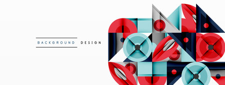 Geometric abstract composition with intersecting shapes, circles, triangles, and gradients, blending vibrant colors and dynamic contrasts to create a modern, futuristic visual designのイラスト素材