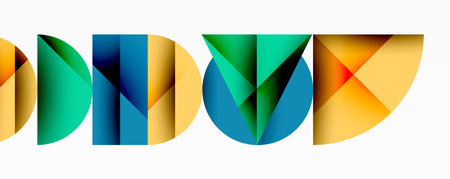 Abstract geometric background with layered gradient shapes forming dynamic patterns. Overlapping semi circles and triangles create depth and contrastのイラスト素材