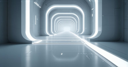 Futuristic glowing white pathways extending infinitely, with bright contrasts and geometric curves, creating a sleek, minimalist tunnel that leads toward an ethereal light sourceの素材