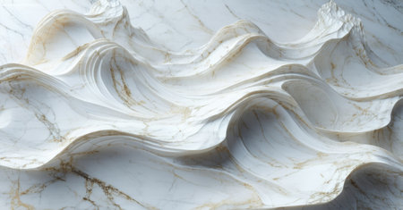 Delicate white waves resembling sculpted marble, flowing smoothly with golden veins, creating an elegant and organic design with bright contrasts and fine detailingの素材