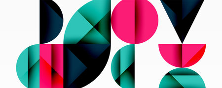 Abstract geometric pattern with intersecting circles and triangles in gradients. The high-contrast...