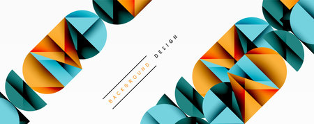 Abstract geometric background with layered gradient shapes forming dynamic patterns. Overlapping semi circles and triangles create depth and contrastのイラスト素材