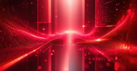 Faint red pulses of light expanding in a soft, slow-moving pattern, resembling echoes rippling across a digital landscape with high contrast and radiant highlightsの素材