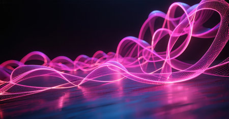 Thin neon pink threads tangled and glowing against pure darkness, illuminated by bright contrasts, creating a vibrant, dynamic visual with intricate, flowing patternsの素材