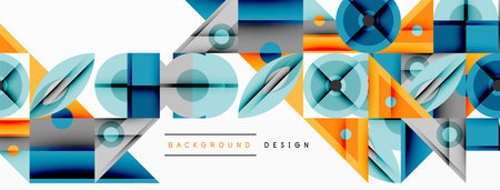 Geometric abstract composition with intersecting shapes, circles, triangles, and gradients, blending...