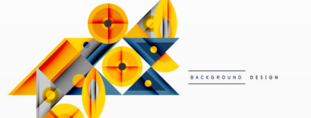 Geometric abstract composition with intersecting shapes, circles, triangles, and gradients, blending vibrant colors and dynamic contrasts to create a modern, futuristic visual designのイラスト素材