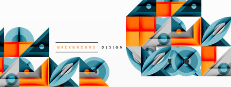 Geometric abstract composition with intersecting shapes, circles, triangles, and gradients, blending vibrant colors and dynamic contrasts to create a modern, futuristic visual designのイラスト素材