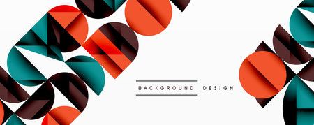 Abstract geometric background with layered gradient shapes forming dynamic patterns. Overlapping semi circles and triangles create depth and contrastのイラスト素材