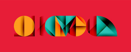 Abstract geometric background with layered gradient shapes forming dynamic patterns. Overlapping semi circles and triangles create depth and contrastのイラスト素材