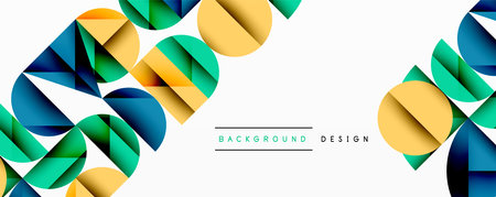 Abstract geometric background with layered gradient shapes forming dynamic patterns. Overlapping semi circles and triangles create depth and contrastのイラスト素材