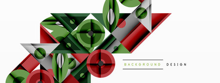 Geometric abstract composition with intersecting shapes, circles, triangles, and gradients, blending vibrant colors and dynamic contrasts to create a modern, futuristic visual designのイラスト素材