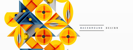 Geometric abstract composition with intersecting shapes, circles, triangles, and gradients, blending vibrant colors and dynamic contrasts to create a modern, futuristic visual designのイラスト素材