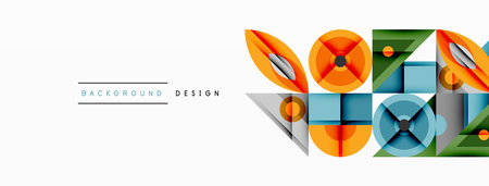 Geometric abstract composition with intersecting shapes, circles, triangles, and gradients, blending vibrant colors and dynamic contrasts to create a modern, futuristic visual designのイラスト素材