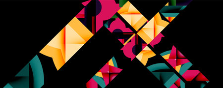 Abstract geometric artwork with interwoven angular and curved shapes, dynamic composition with...