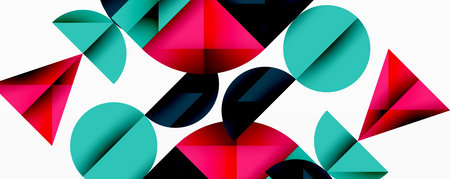 Abstract geometric pattern with intersecting circles and triangles in gradients. The high-contrast...