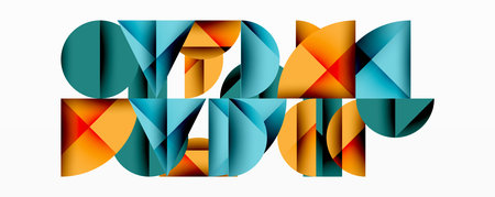 Abstract geometric background with layered gradient shapes forming dynamic patterns. Overlapping semi circles and triangles create depth and contrastのイラスト素材