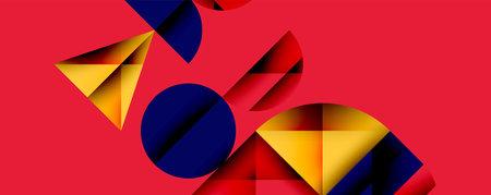 Abstract geometric pattern with intersecting circles and triangles in gradients. The high-contrast...
