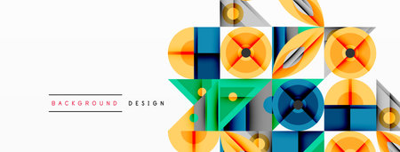Geometric abstract composition with intersecting shapes, circles, triangles, and gradients, blending...