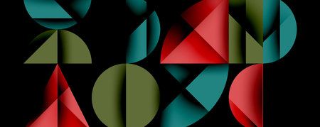 Abstract geometric pattern with intersecting circles and triangles in gradients. The high-contrast...
