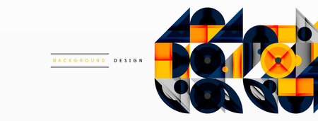 Geometric abstract composition with intersecting shapes, circles, triangles, and gradients, blending...
