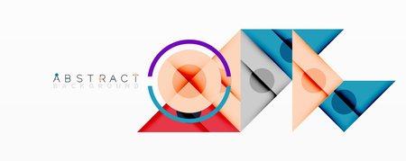Abstract geometric composition with intersecting triangles, circles, and gradients, creating a...