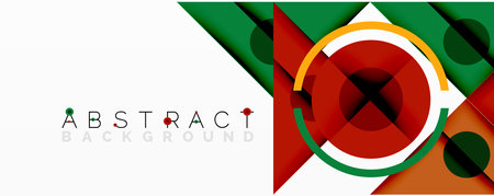 Abstract geometric composition with overlapping triangles, circles, and gradients, featuring a...