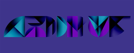 Abstract geometric shapes form letters. Gradient colors, blue, purple dominate. Modern design, digital art, vibrant aesthetic. Minimalist composition.のイラスト素材