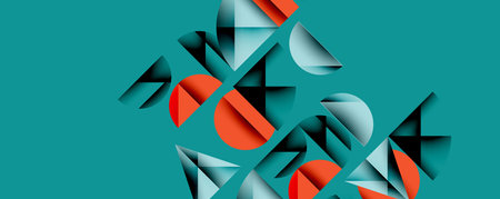 Abstract geometric shapes overlap, creating dynamic composition. Teal background contrasts with red, gray elements. Modern design.のイラスト素材