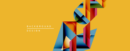 Abstract geometric shapes overlap, creating dynamic composition. Vivid colorsreds, blues, orangescontrast with golden yellow background. Modern design element for digital projects.のイラスト素材