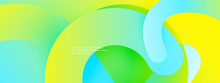 Abstract fluid shapes blend vibrant greens, yellows, blues. Smooth gradients create dynamic visual flow. Modern design element.のイラスト素材