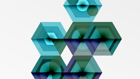 Abstract geometric composition. Hexagons, circles, lines create layered visual effect. Teal, blue,...
