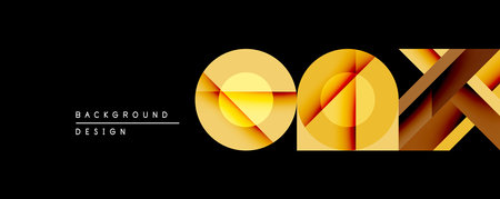 Abstract golden shapes overlap black background. Geometric design features layered circles, squares, lines creating dynamic visual effect. Modern aesthetic suitable for digital projects.のイラスト素材