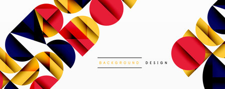 Abstract geometric shapes overlap, creating dynamic colorful design. White background emphasizes vibrant reds, yellows, blues. Modern aesthetic.のイラスト素材