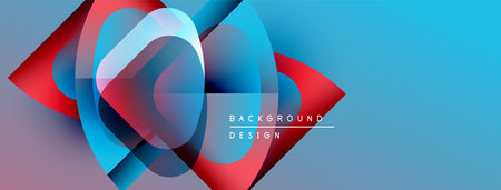 Abstract geometric shapes overlap, creating vibrant blue, red gradients. Modern design elements suggest dynamic visual experience.のイラスト素材