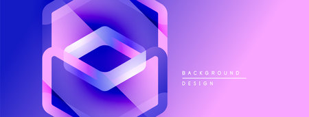 Abstract geometric design. Hexagon layers create vibrant purple, blue gradient effect. Modern...