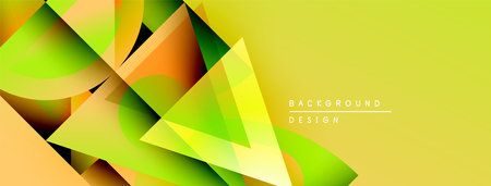 Abstract geometric shapes overlap, creating vibrant yellow, orange, green gradients. Modern design feels energetic, dynamic.のイラスト素材