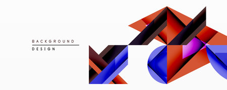 Abstract geometric composition. Overlapping shapes create dynamic visual effect. Red, blue, purple...