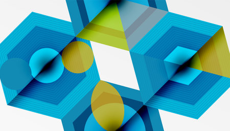 Abstract geometric composition. Blue, green, gold shapes intersect, creating dynamic visual texture. Lines suggest depth, movement.のイラスト素材