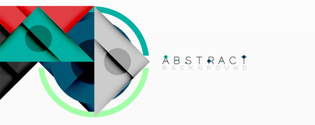 Modern abstract design. Overlapping shapes, circles, squares create dynamic composition. Bright colors contrast white background.のイラスト素材