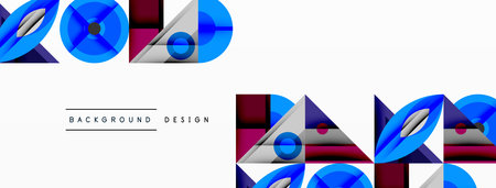 Abstract geometric shapes create modern background. Blue, maroon, gray colors dominate design with...