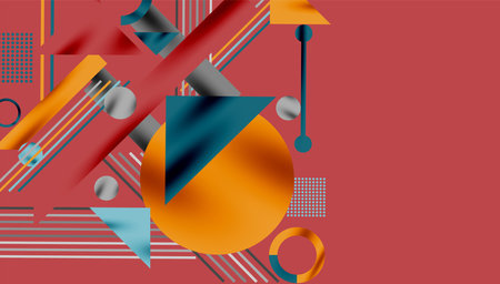 Abstract geometric composition. Shapes overlap, creating dynamic visual interest. Warm, cool colors contrast against red background.のイラスト素材