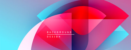 Abstract colorful design features overlapping shapes. Gradient hues blend from blue to pink,...