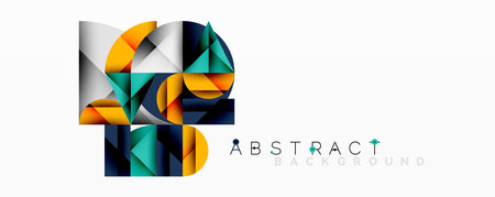 Geometric shapes overlap, creating vibrant abstract composition. Orange, blue, gray tones dominate design. Modern aesthetic.のイラスト素材