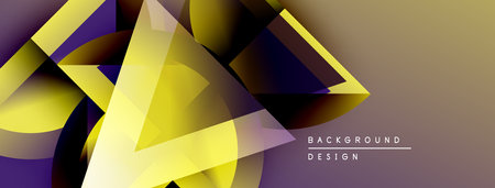 Abstract geometric shapes overlap, creating dynamic visual effect. Yellows, purples blend into gradient background. Modern design element.のイラスト素材